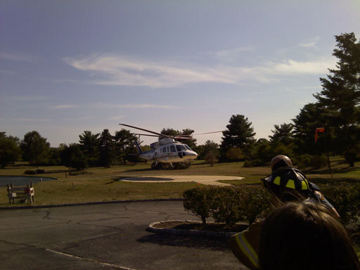 Medevac helicopter landing to support a Mahwah EMS call